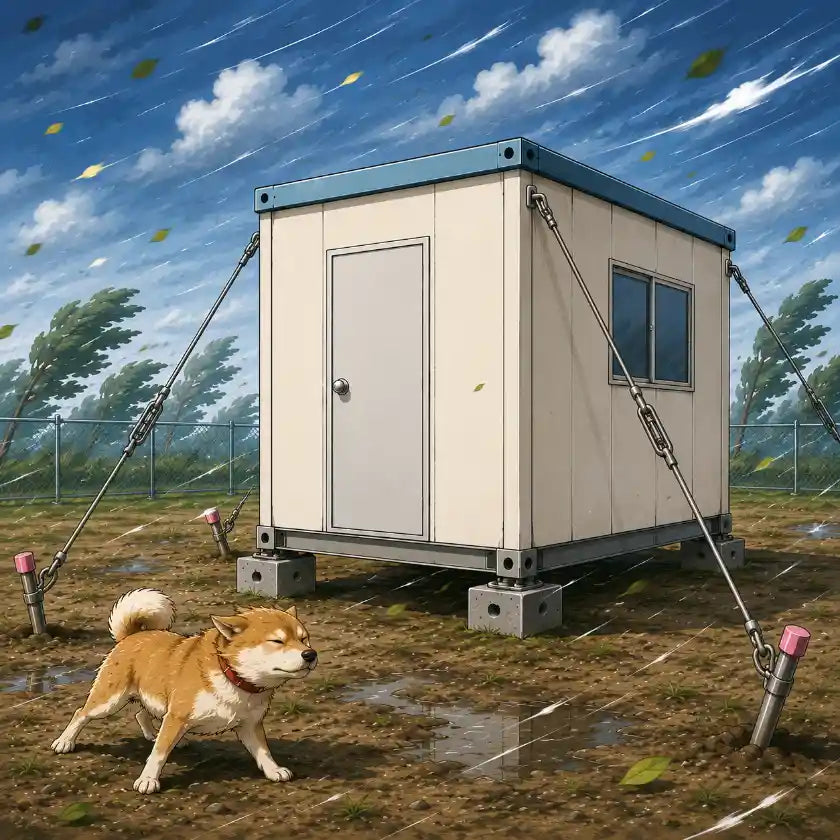 Q:くい丸はユニットハウスの転倒防止に使えますか？【台風対策・構造計算例あり】