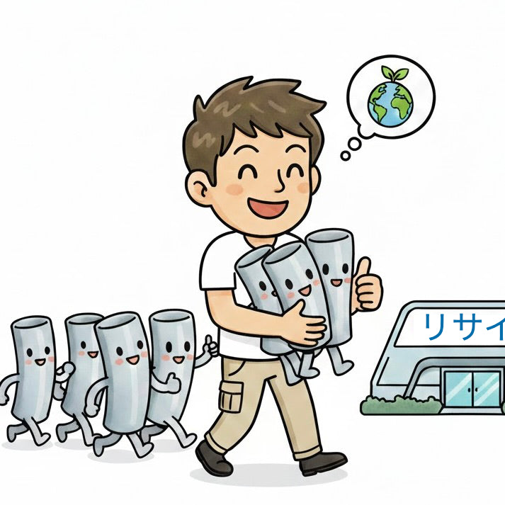 DIYユーザーが使えなくなったくい丸をリサイクルし、環境保護に貢献して喜んでいるイメージイラスト