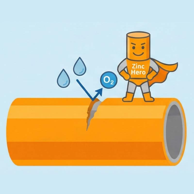 くい丸の表面に施された溶融亜鉛メッキがサビから本体を保護する様子