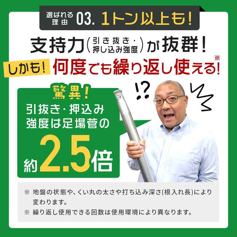 くい丸- 単管パイプ杭に比べて2.5倍以上の強度が試験により確認されています - 杭丸専門店クイックス